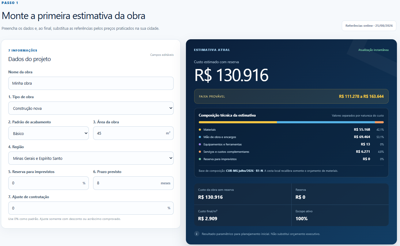 Tela real do app com dados da obra, estimativa total e composição de custos. Os números são apenas um exemplo.